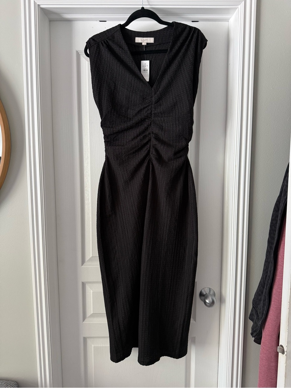 LOFT Black Midi Dress with Ruched Front
